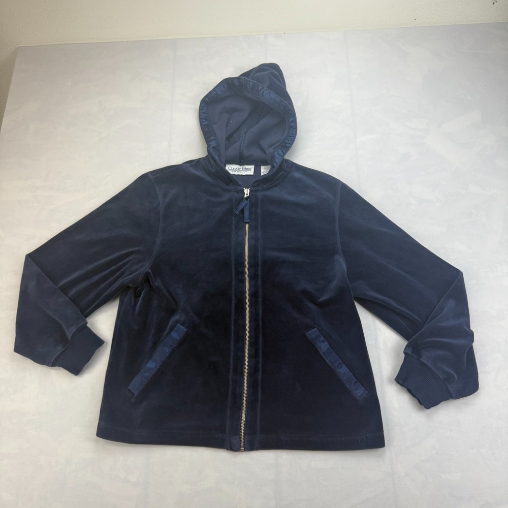 Classic Blues Velour Hoodie Womens Medium Navy Classic Fit Long Sleeve Full Zip